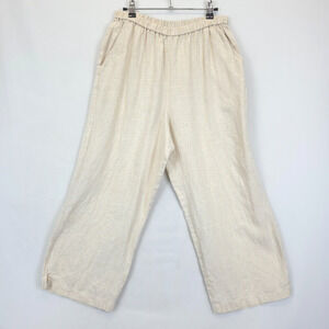 T. Garment Linen Pants Women L Oatmeal Pocket Pull On Elastic Waist Lagenlook